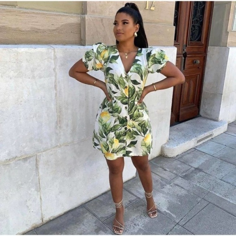 H&M Lemons Print Linen Blend Summer Dress
